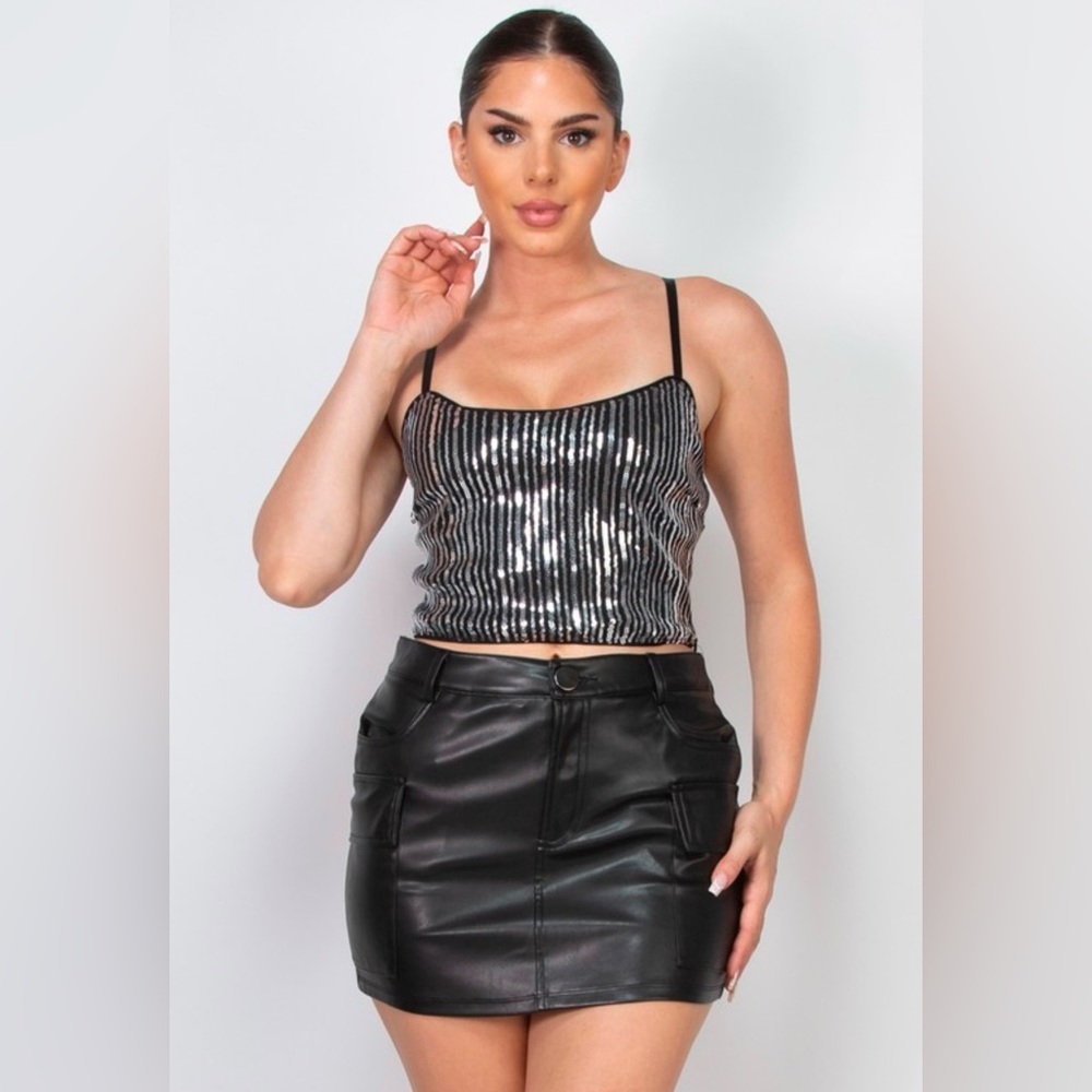 Black/Silver sequin-studded camo zippered crop top.